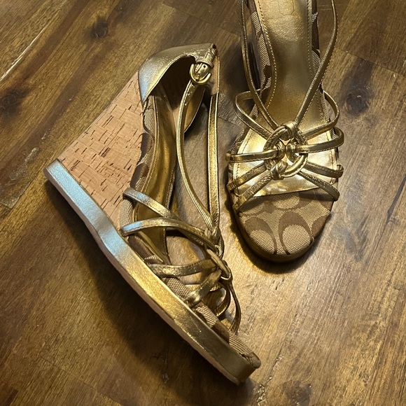 Coach Metallic Gold Wedge Sandals - Picture 1 of 7